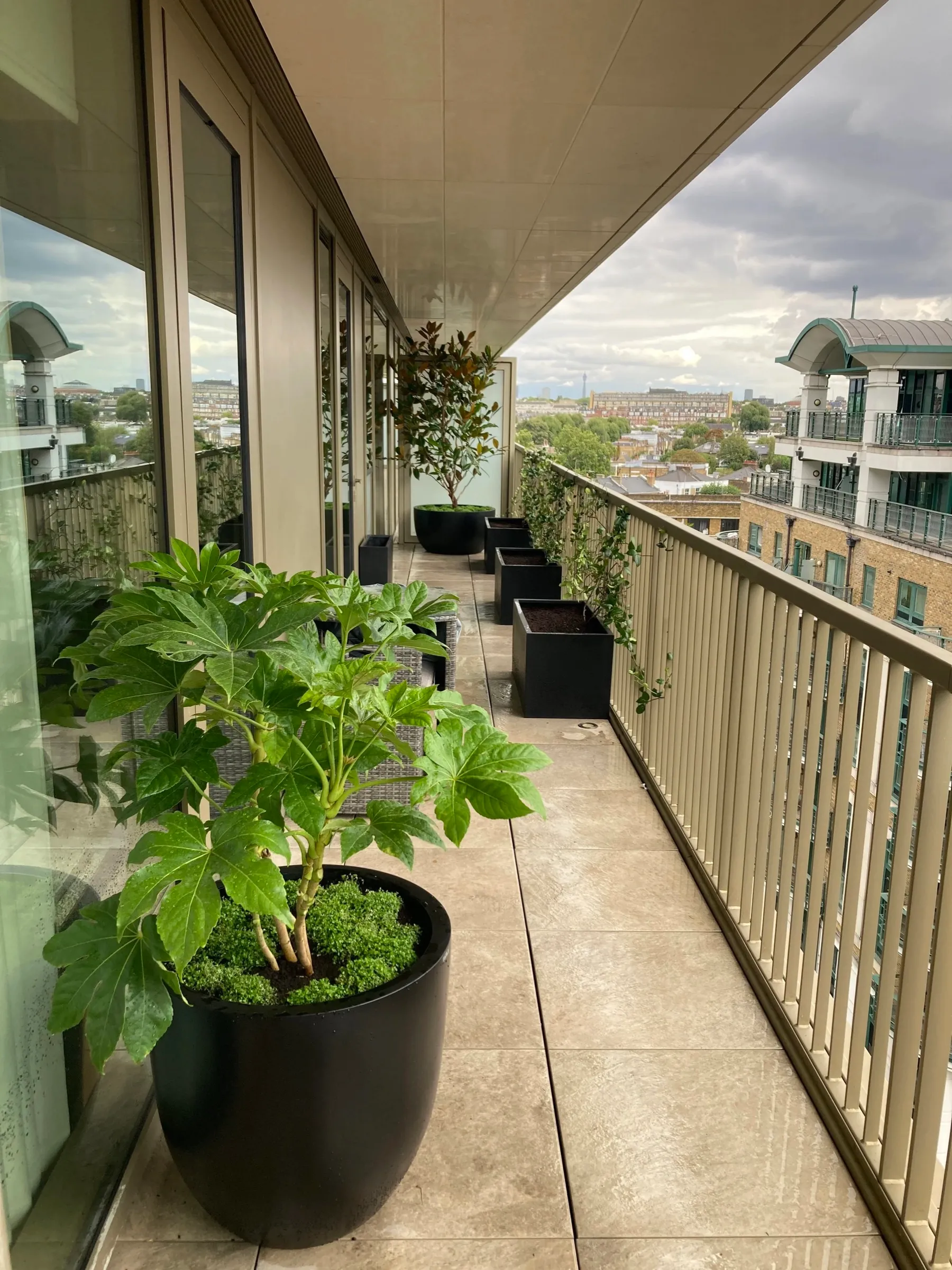 A row of dark contemporary planters along a London balcony
