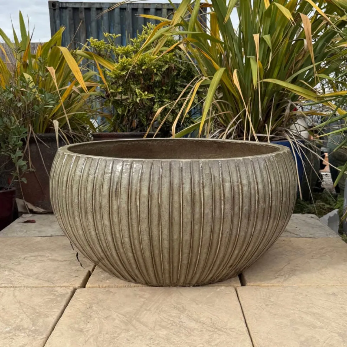 Ribbed Olive Glazed Low Bowl